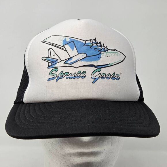 SPRUCE GOOSE AVIATION HOWARD HUGHES VINTAGE BLACK WHITE TRUCKER HAT CAP SNAPBACK - Picture 1 of 5